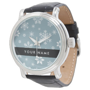 White Snowflakes, Grey, Your name, Personalize Watch