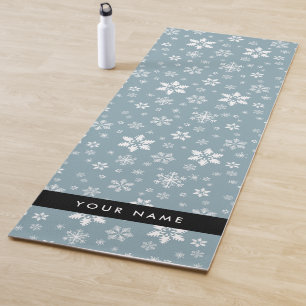 White Snowflakes, Grey, Your name, Personalize Yoga Mat