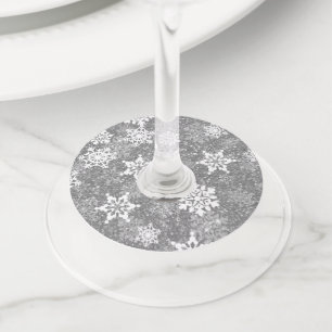 White Snowflakes Luxurious Gray Elegant Christmas Wine Glass Tag