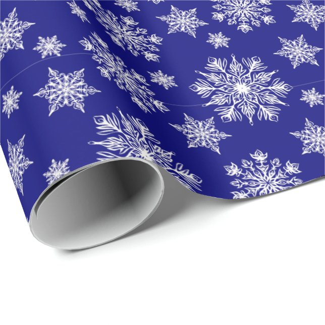 White Snowflakes On a Royal Blue Background Wrapping Paper (Roll Corner)