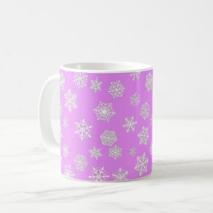 White snowflakes on an orchid background coffee mug