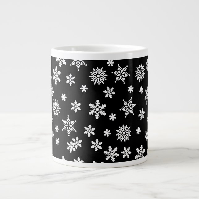 White Snowflakes on Black  Large Coffee Mug (Front)