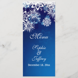 White snowflakes on blue Christmas Wedding Menu