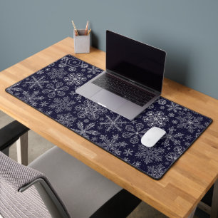 White Snowflakes on blue Desk Mat
