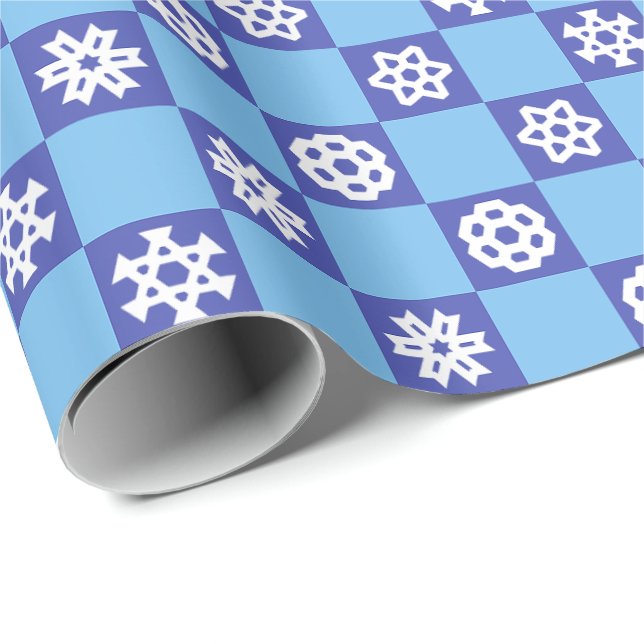 White Snowflakes on Blue Grid Wrapping Paper (Roll Corner)