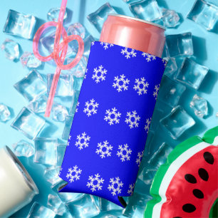 White snowflakes on blue seltzer can cooler