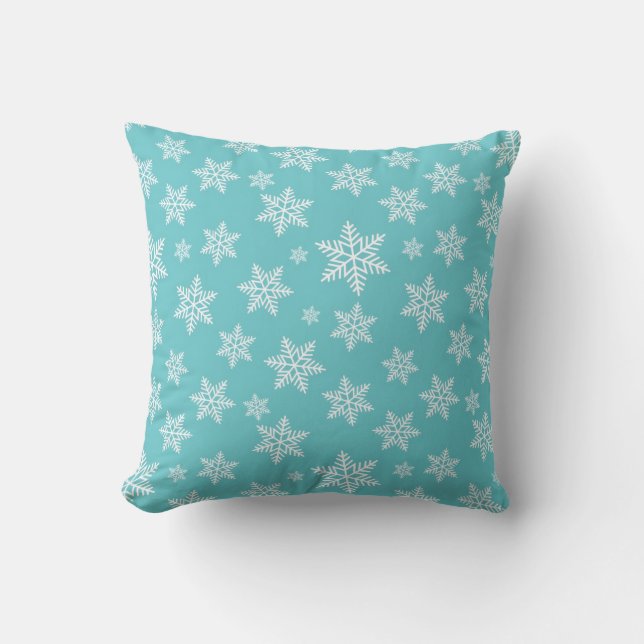 White Snowflakes on Blue Winter Pattern Throw Pillow (Front)