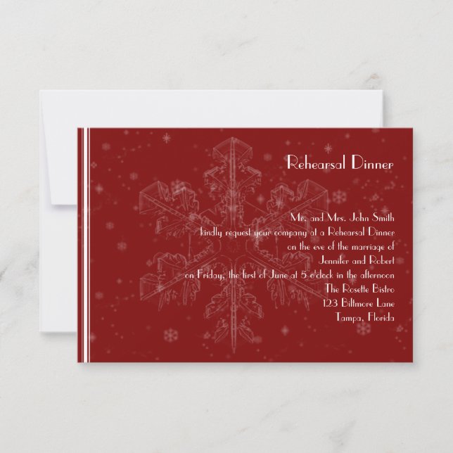 White Snowflakes on Cranberry Wedding Rehearsal Invitation (Front)