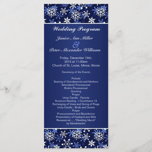 White snowflakes on dark blue Wedding program (Front)
