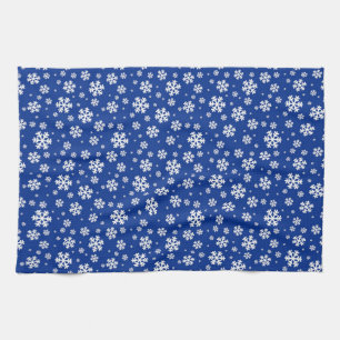 White Snowflakes on Dark Blue Winter Pattern Kitchen Towel