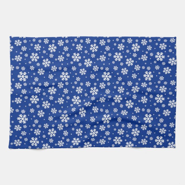 White Snowflakes on Dark Blue Winter Pattern Kitchen Towel (Horizontal)
