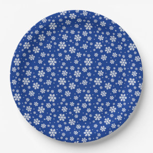 White Snowflakes on Dark Blue Winter Pattern Paper Plate
