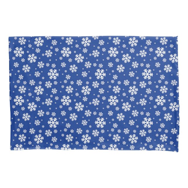 White Snowflakes on Dark Blue Winter Pattern Pillowcase (Front)