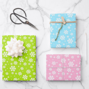 White Snowflakes on Green, Blue & Pink Wrapping Paper Sheet