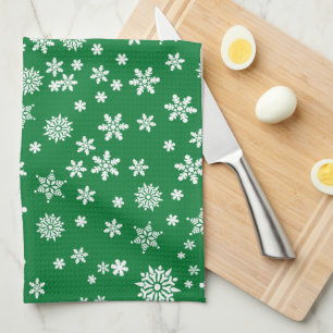 White Snowflakes on Green Christmas Kitchen Towel
