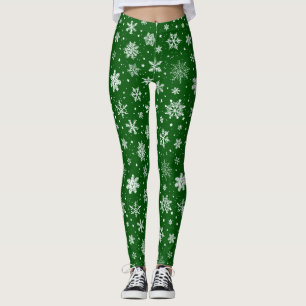 White Snowflakes on Green Leggings
