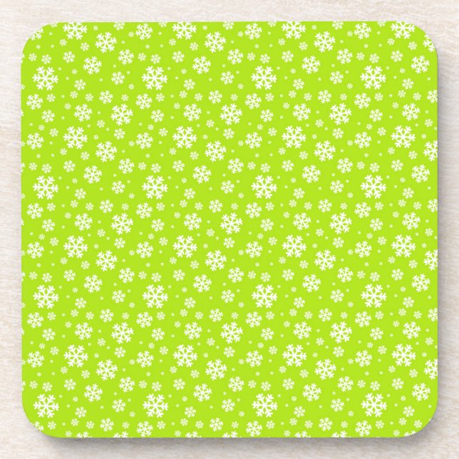 White Snowflakes on Green Winter Pattern Coaster (Front)