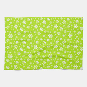 White Snowflakes on Green Winter Pattern Kitchen Towel