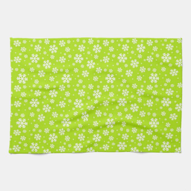 White Snowflakes on Green Winter Pattern Kitchen Towel (Horizontal)