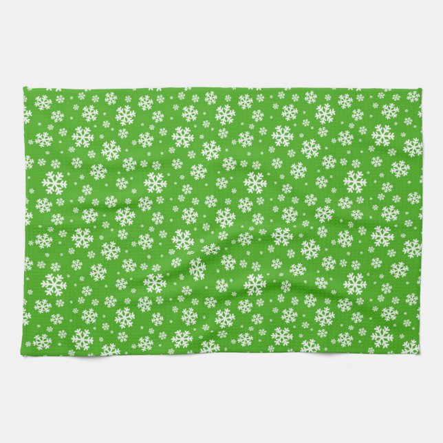 White Snowflakes on Green Winter Pattern Kitchen Towel (Horizontal)