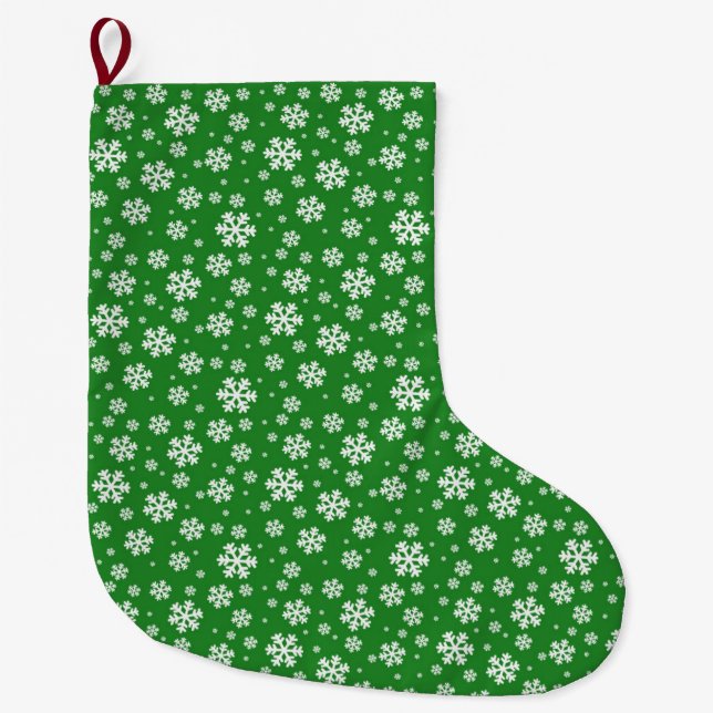 White Snowflakes on green Winter Pattern Large Christmas Stocking (Front)