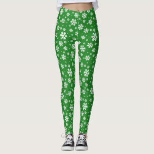 White Snowflakes on green Winter Pattern Leggings