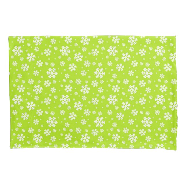 White Snowflakes on Green Winter Pattern Pillowcase (Front)