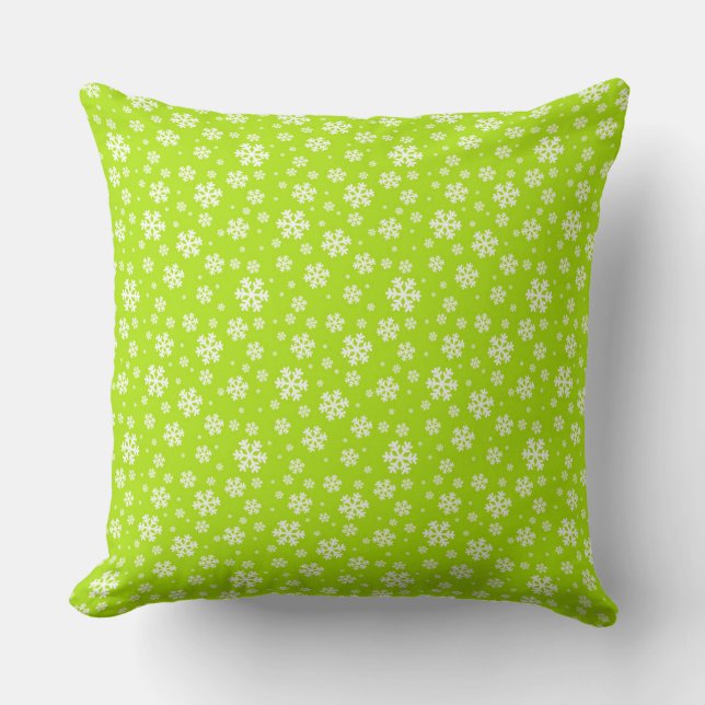 White Snowflakes on Green Winter Pattern Throw Pillow (Front)