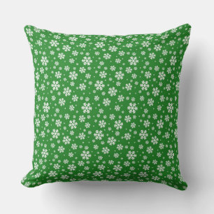 White Snowflakes on green Winter Pattern Throw Pillow