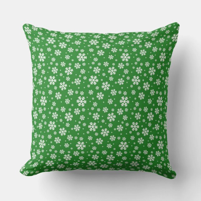 White Snowflakes on green Winter Pattern Throw Pillow (Front)