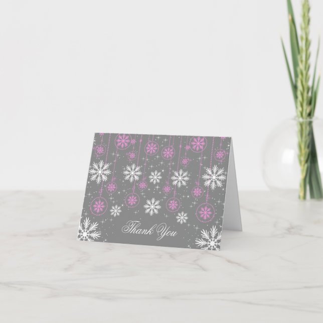 White Snowflakes on Grey Thank You Note Cards (Front)