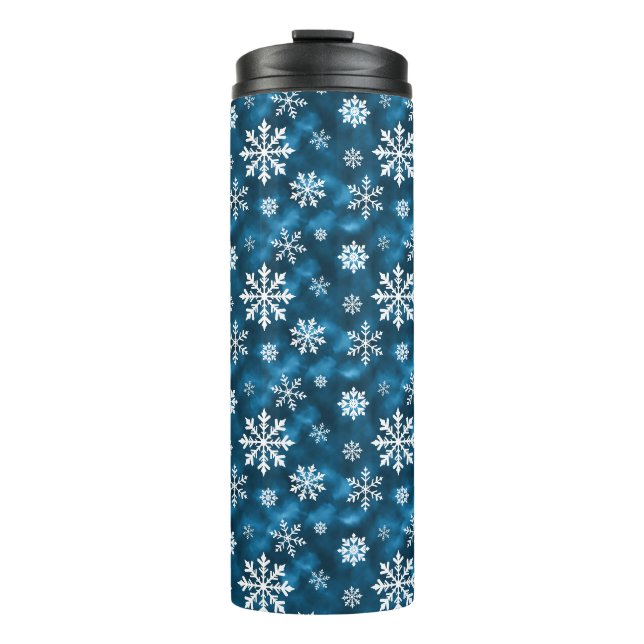 White Snowflakes On Icy Blue Winter Background Thermal Tumbler (Front)