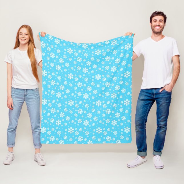 White Snowflakes on Light Blue Winter Pattern Fleece Blanket (In Situ)