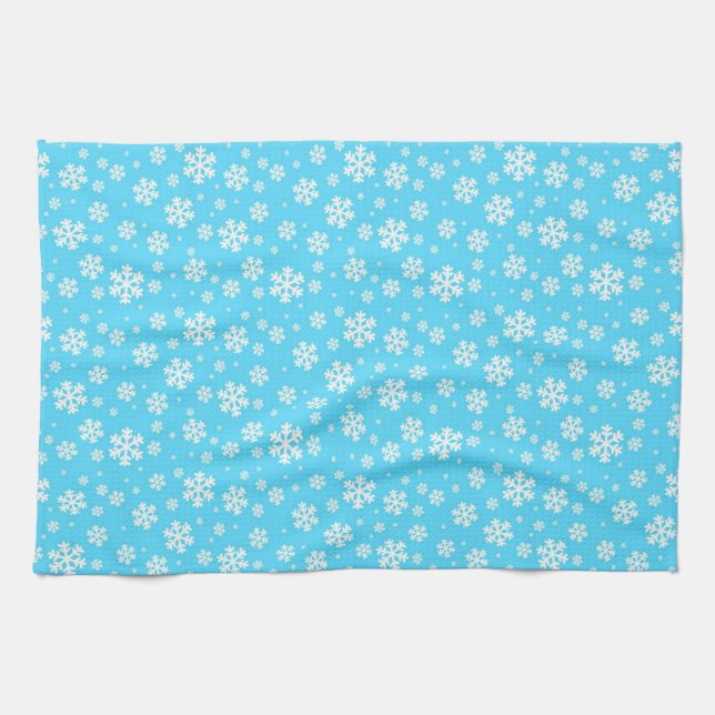 White Snowflakes on Light Blue Winter Pattern Kitchen Towel (Horizontal)