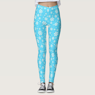 White Snowflakes on Light Blue Winter Pattern Leggings