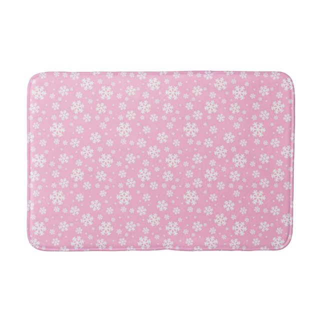 White Snowflakes on Light Pink Winter Pattern Bath Mat (Front)