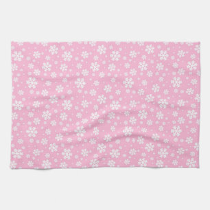 White Snowflakes on Light Pink Winter Pattern Kitchen Towel