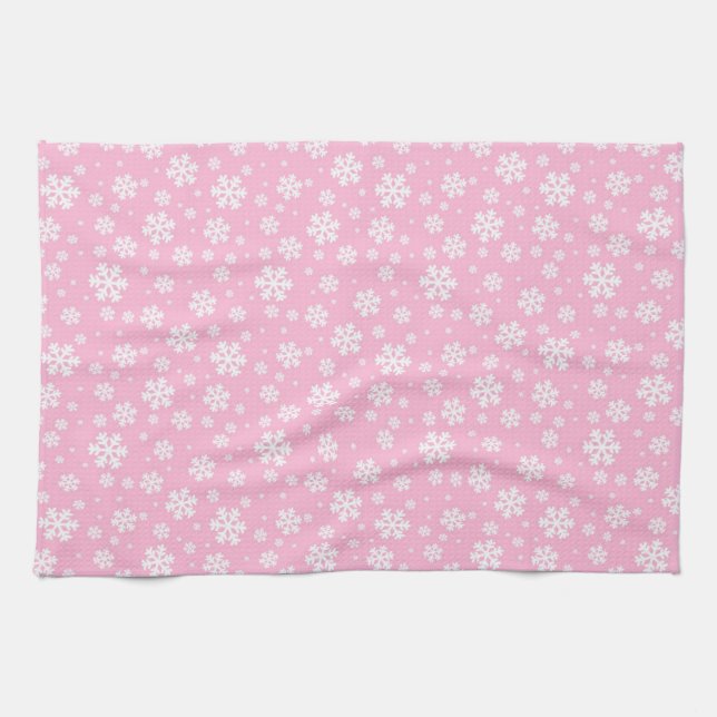 White Snowflakes on Light Pink Winter Pattern Kitchen Towel (Horizontal)