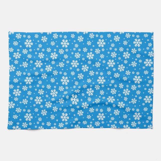 White Snowflakes on Mid Blue Winter Pattern Kitchen Towel (Horizontal)
