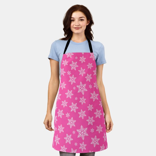 White Snowflakes on Pink Winter Pattern Apron (Worn)