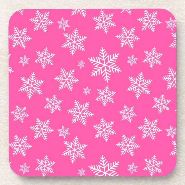 White Snowflakes on Pink Winter Pattern Coaster (Front)