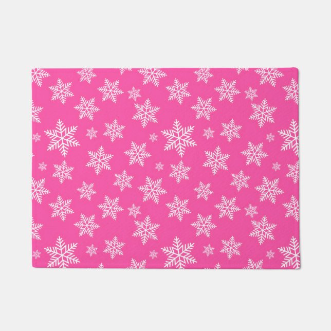 White Snowflakes on Pink Winter Pattern Doormat (Front)