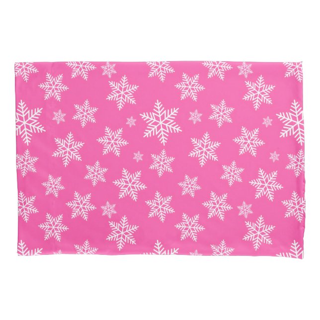 White Snowflakes on Pink Winter Pattern Pillowcase (Front)