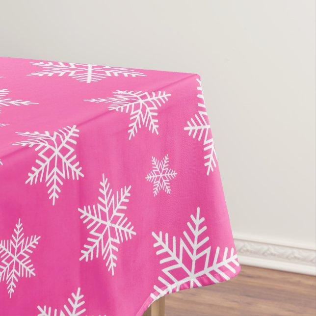 White Snowflakes on Pink Winter Pattern Tablecloth (In Situ)