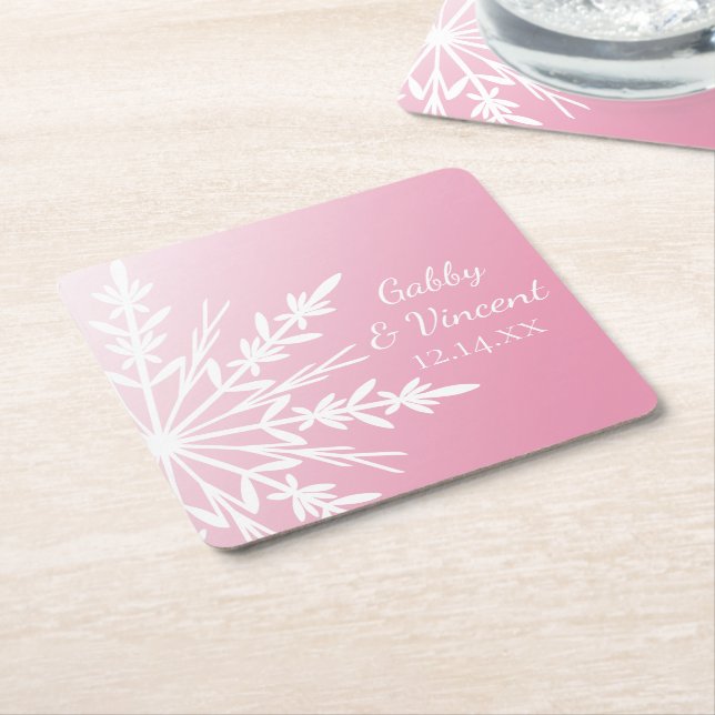 White Snowflakes on Pink Winter Wedding Square Paper Coaster (Angled)