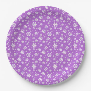 White Snowflakes on Purple Winter Pattern Paper Plate