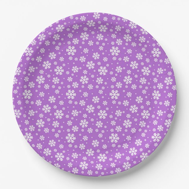 White Snowflakes on Purple Winter Pattern Paper Plate (Front)
