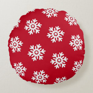 White snowflakes on red background Christmas Round Pillow