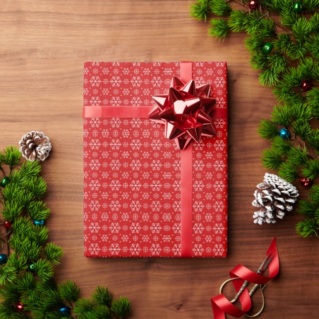 White Snowflakes on Red Background Christmas Wrapping Paper (Holiday Gift)