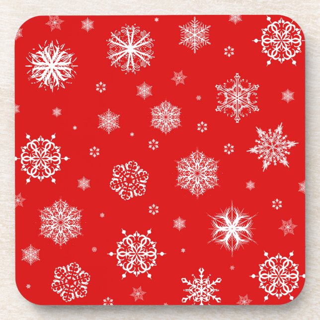 White snowflakes on red background coaster (Front)